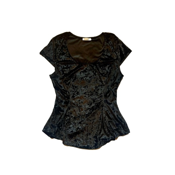 Black Velvet Velour Dressy Flared Short Sleeve Top - Picture 1 of 3